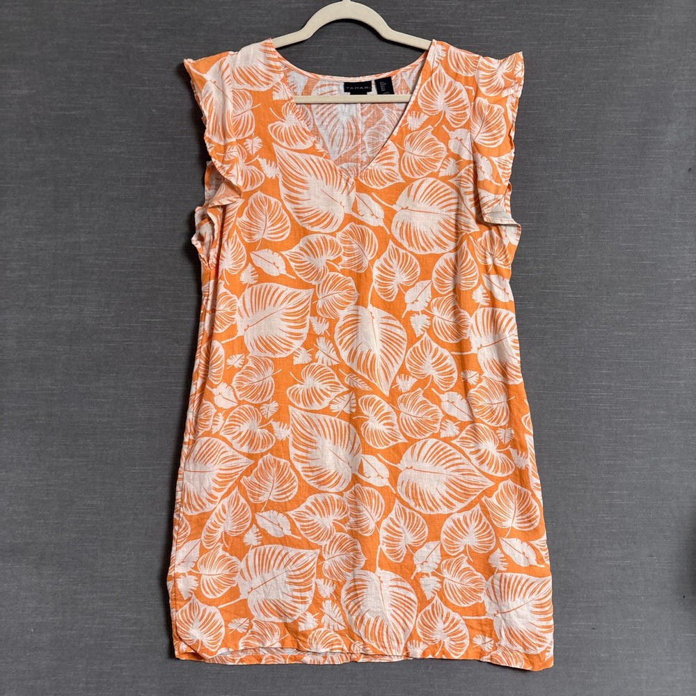 Tahari Orange and White Tropical Leaf Shift Dress